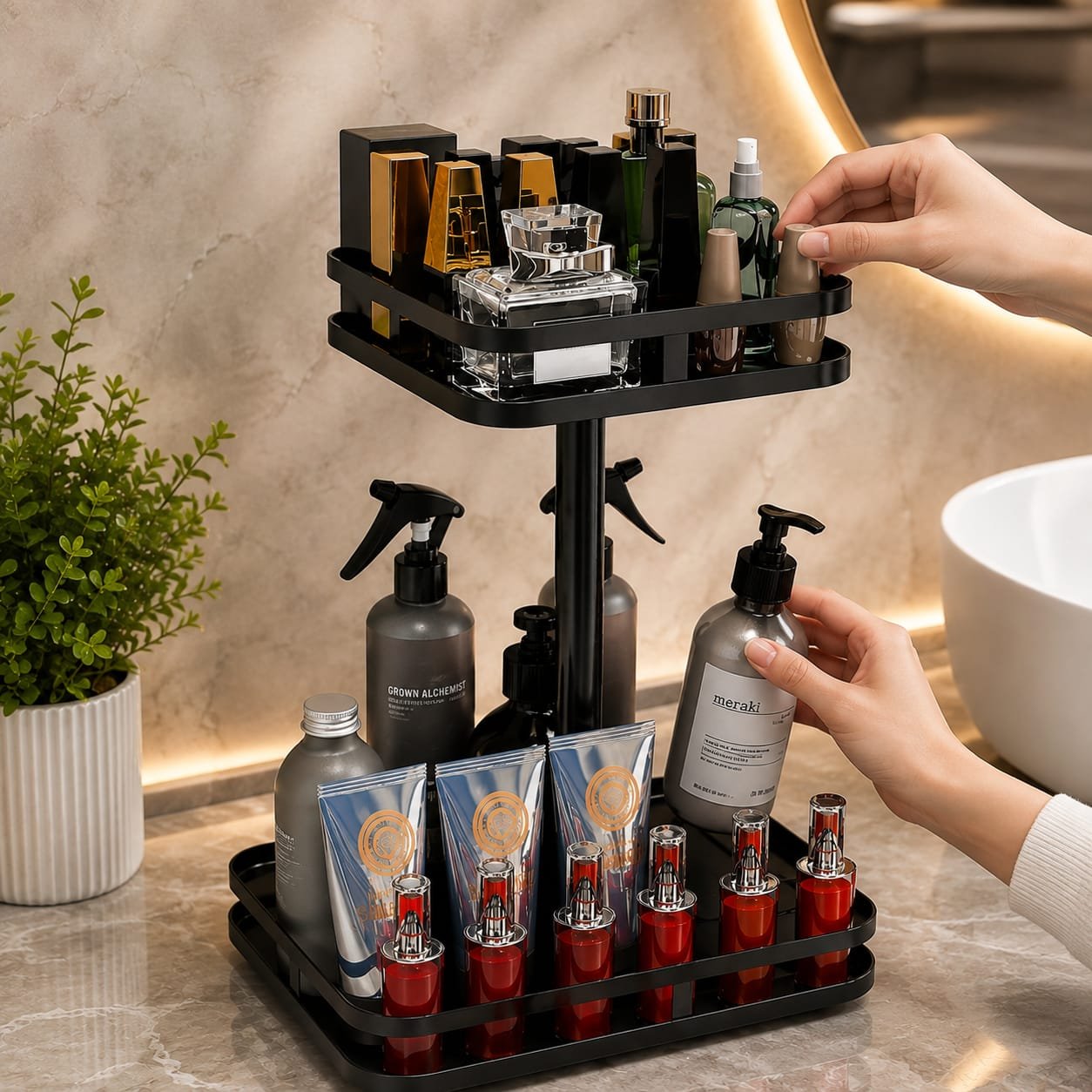 360° Rotating Kitchen Storage Rack | 2-Tier Organizer | For Spices, Oil Bottles, Sauces, Cosmetics | Waterproof & Easy to Clean